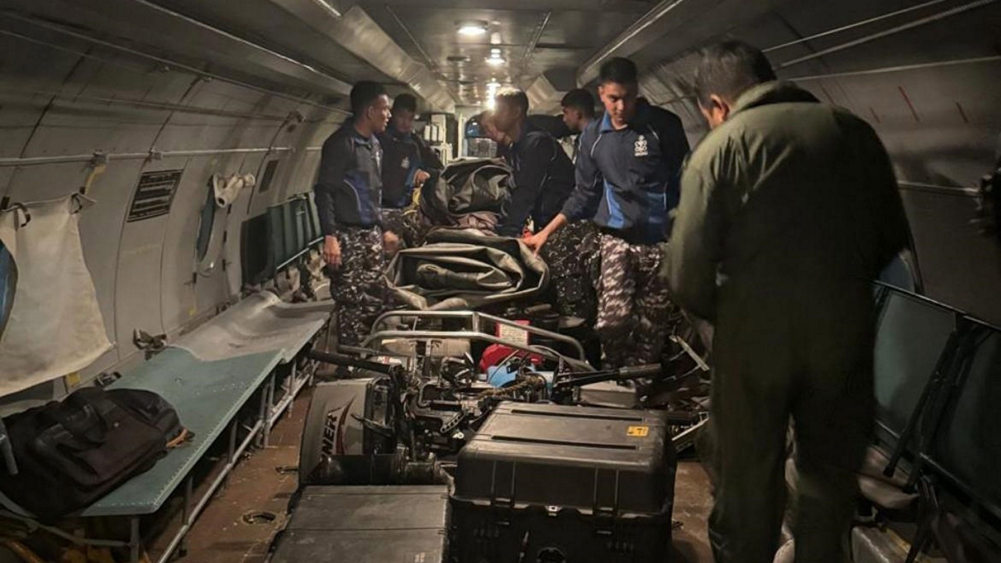 <div class="paragraphs"><p>Indian Navy personnel arrive with rescue mission equipments&nbsp;for launching a search operation to trace missing trainer aircraft and both pilots at Chandil Dam, in Ranchi, Thursday, Aug. 22,2024.</p></div>